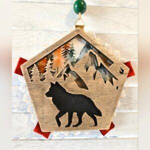 NWT Wolf Mountains Wood Ornament Lace Felt Ribbon Christmas Holiday Decor OOAK